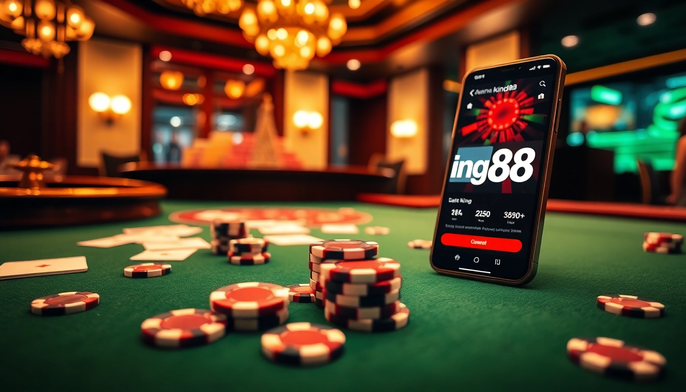 Experience the excitement of tải king88 with a luxurious casino table filled with poker chips and cards.
