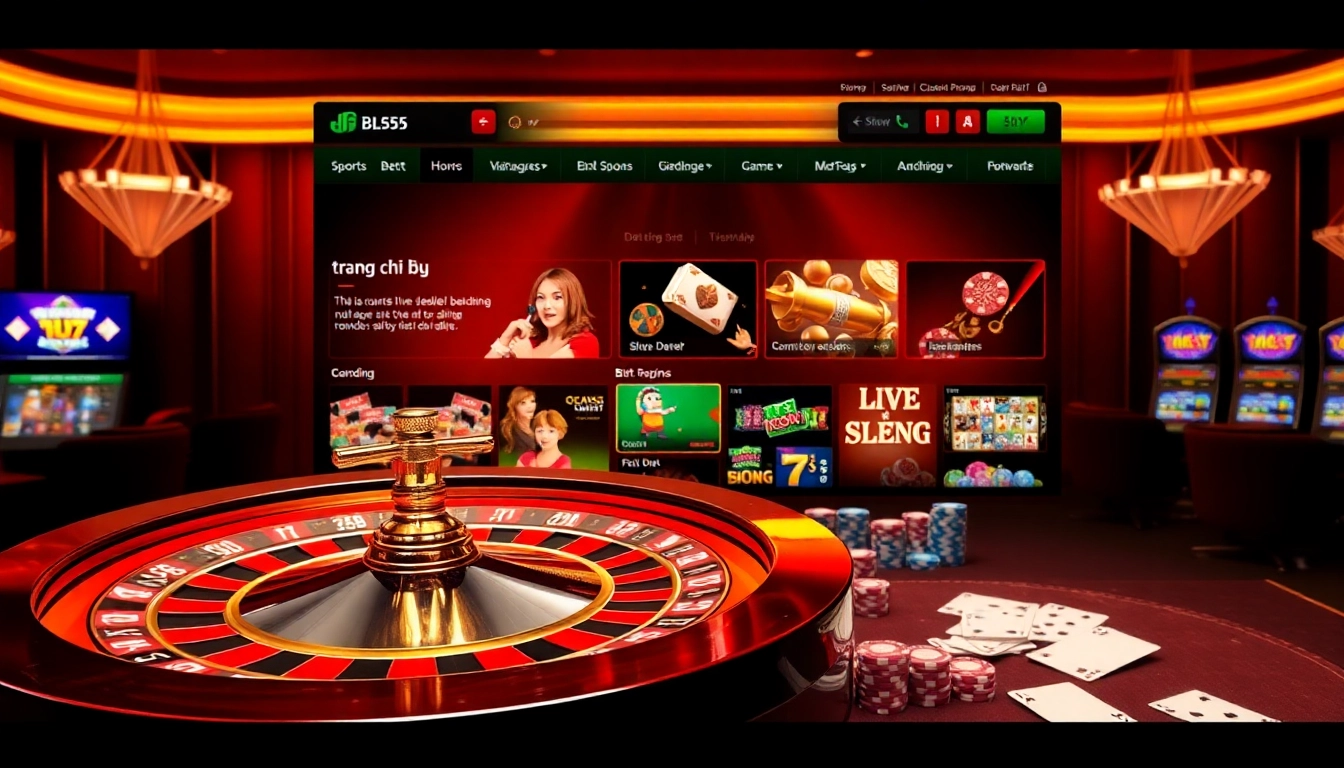 Engaging scene of excited players at the trang chủ BL555 casino, featuring roulette and poker elements.