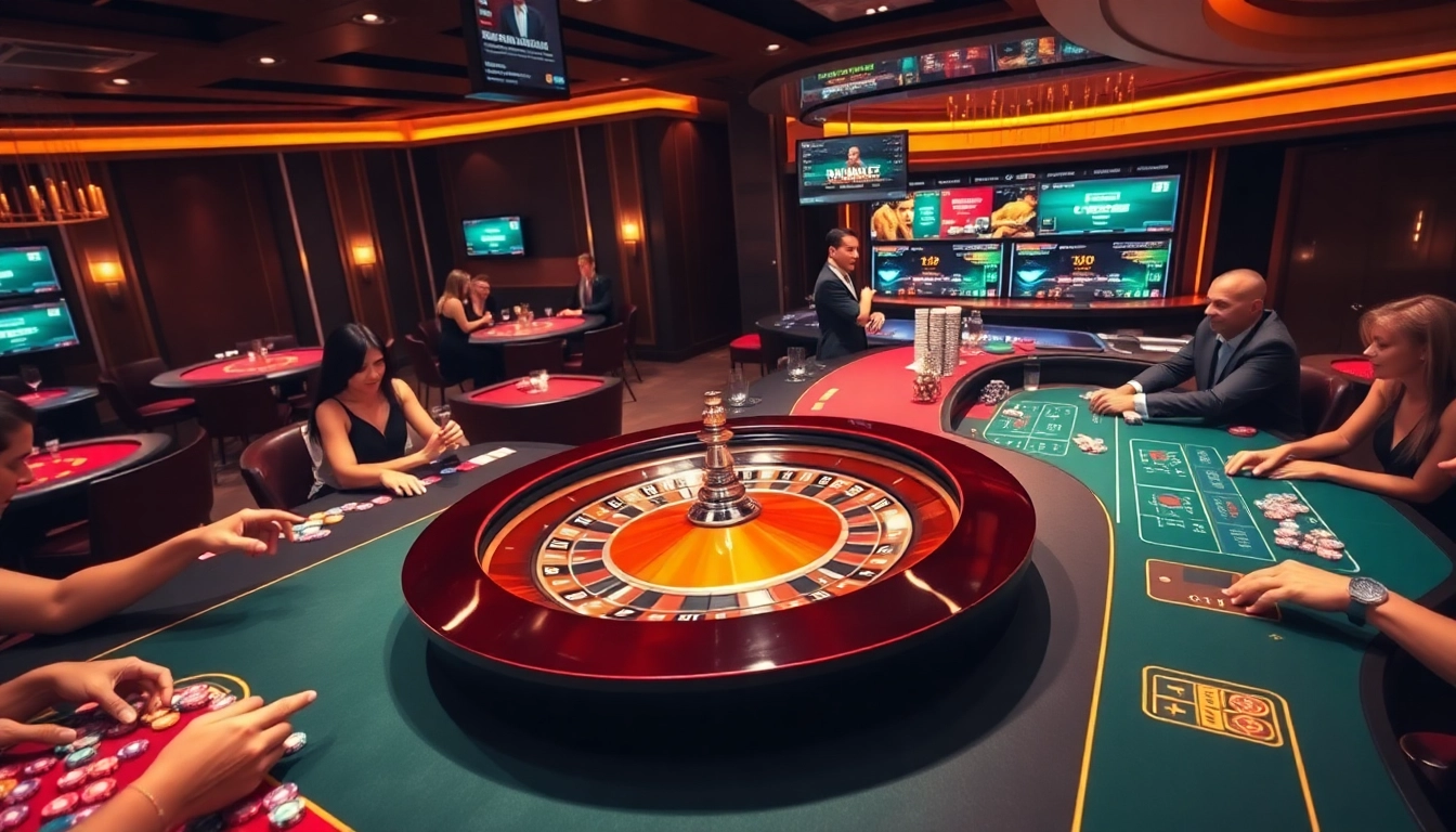 Sbobet gaming excitement at a lavish casino with poker tables, roulette, and enthusiastic players.