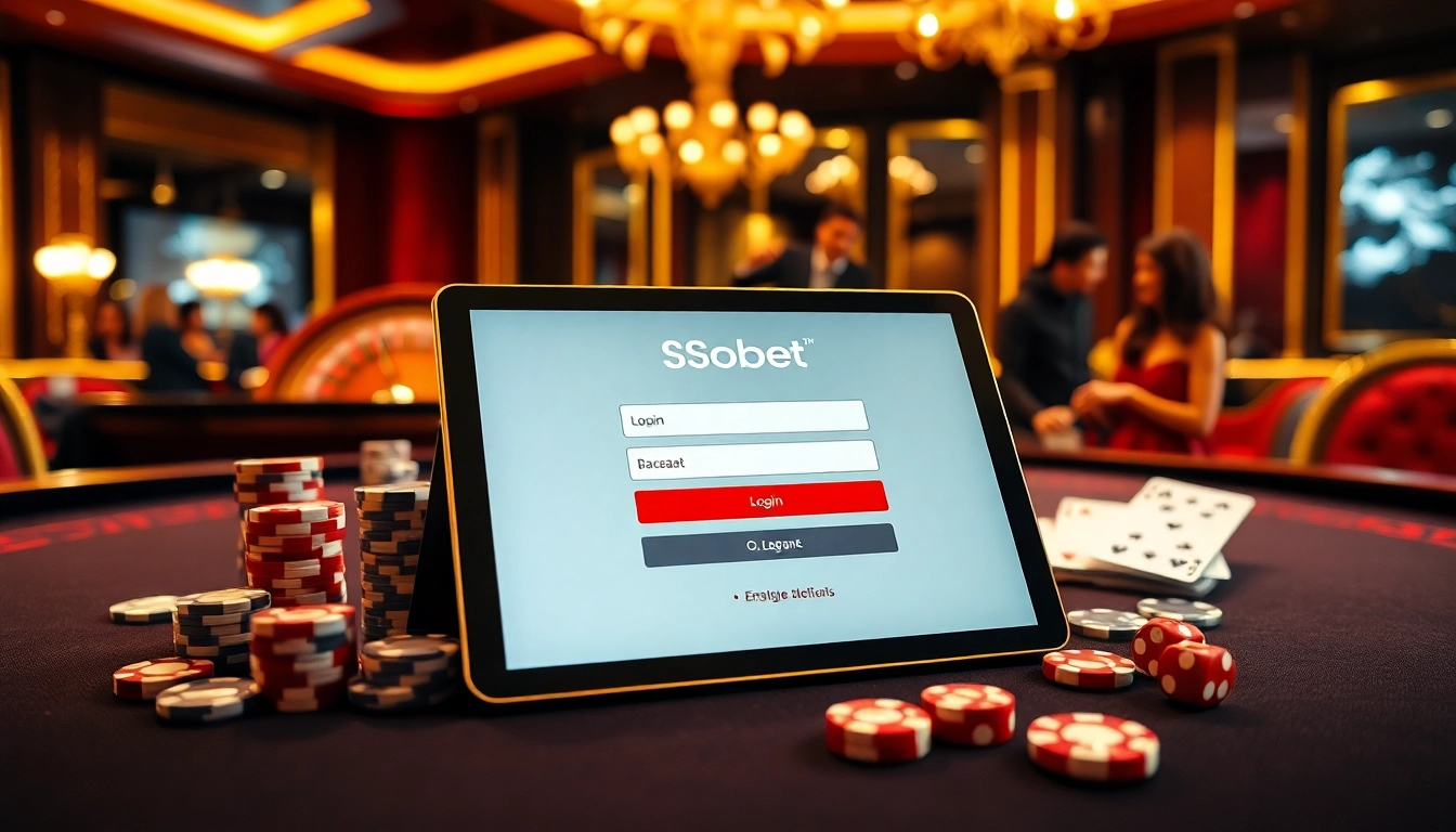 Engage with sbobet login on a luxurious casino tablet surrounded by poker chips and cards.