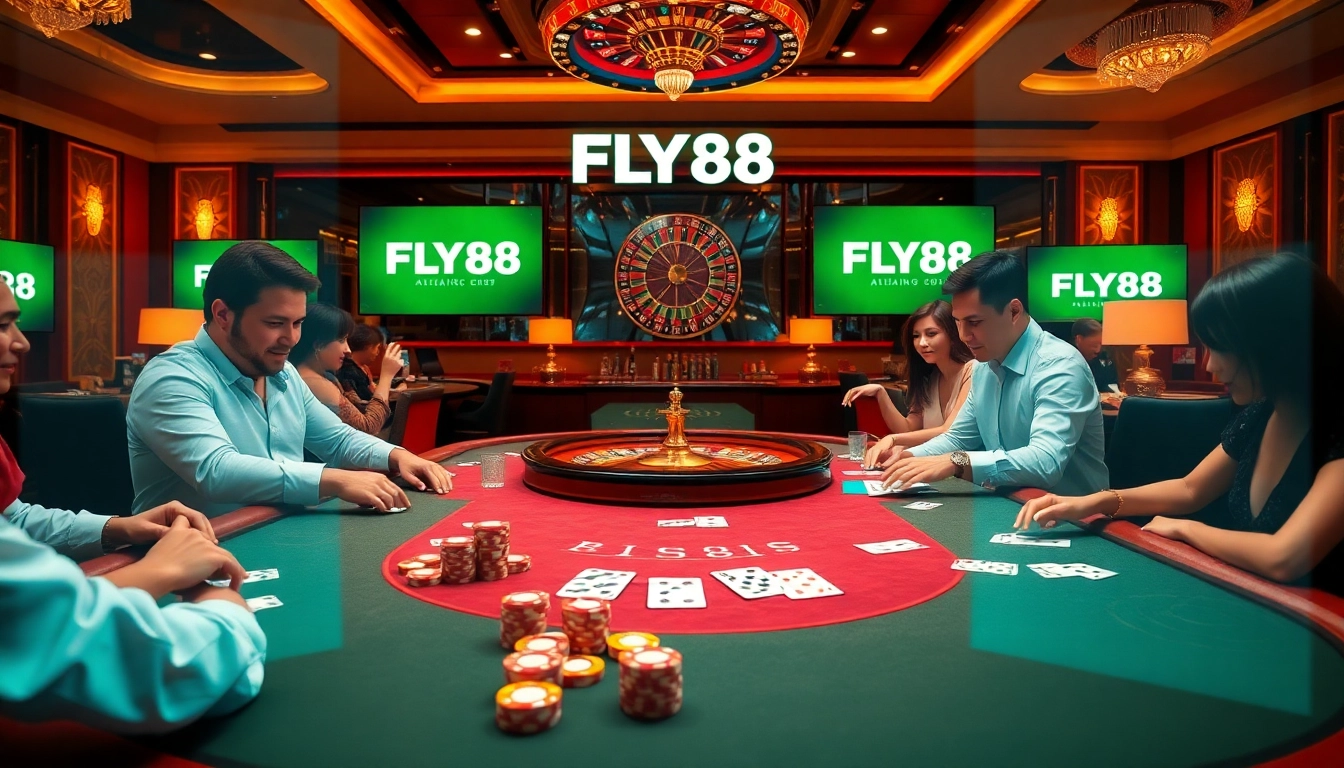 Exciting casino action showcasing FLY88 Đăng kí with engaging players at a high-stakes gaming table.