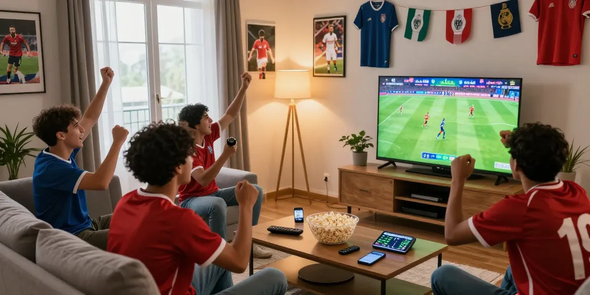 Exciting كورة لايف football match viewing with friends in a lively living room